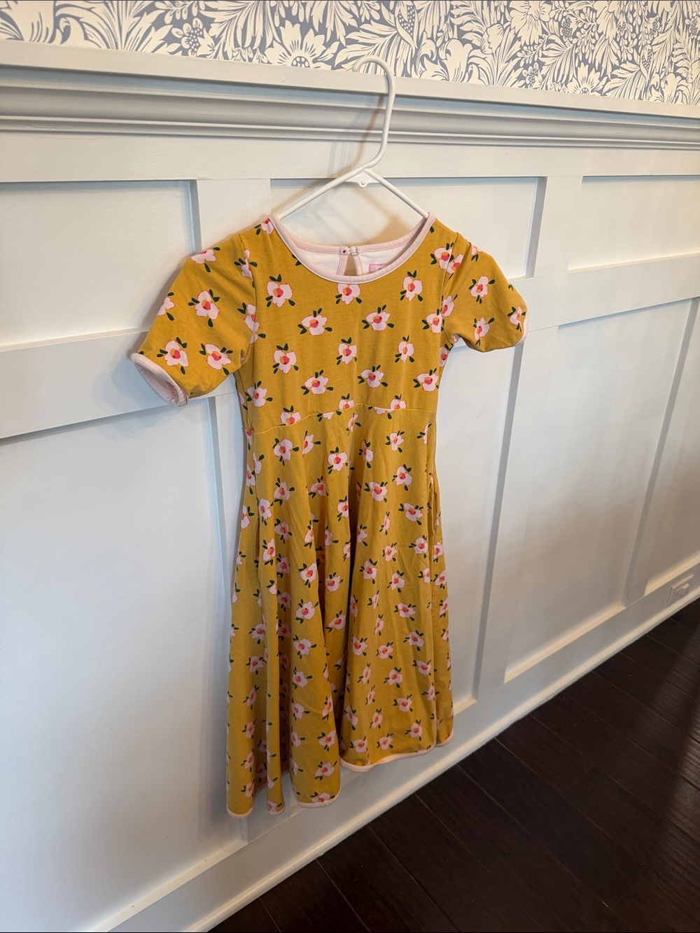 SweetHoney Mustard Floral Short-Sleeve Dress with Pink Accents